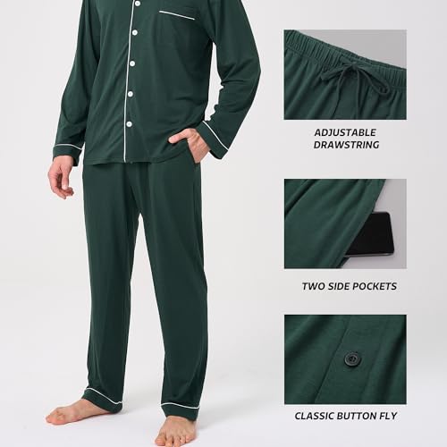 Image of BAMBOO COOL Mens Pajama Set Bamboo Viscose Cotton Soft Lightweight Loungewear Sleepwear Long Sleeve and Pants with Pockets