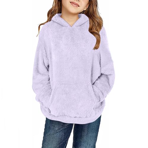 DDAPJ pyju Girls Fuzzy Fleece Pullover Hoodies Loose Casual Sweatshirt Sherpa Pullover Tops Winter Warm Outwear with Pocket