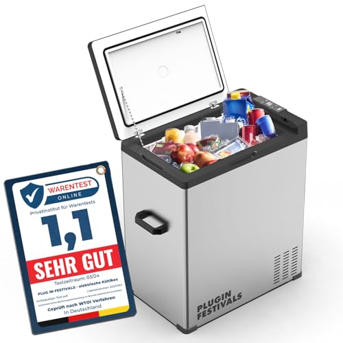 PLUG IN FESTIVALS Tragbar, elektrische Kühlbox - Kompressor Gefrierbox bis -20 Grad - Kühlbox Auto - Camping Kühlschrank - Powerstation zum Kühlen - 12V 230V - 65 Liter