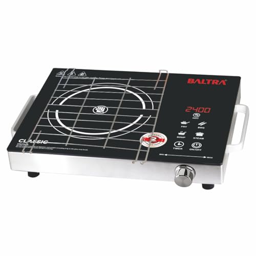 Image of Baltra Classic 2400W Infrared Cooktop Stove with Steel Grill Rack Touch Control, Polished Crystal Glass Plate, Digital Display 3 Modes, 5KV Surge Protection for Induction & Flat Bottom Utensils