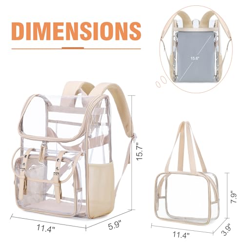 Image of DIGOBAY Clear Backpack with Lunch Bag, Leather Clear Bookbag Heavy Duty | Thick PVC Clear Backpack for Girls Women See Through Transparent Backpacks for Stadium Events College Travel Work, Khaki