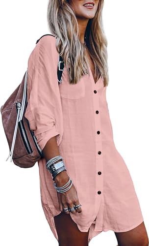 Image of POGTMM Women's Swimsuit Cover Up 3 /4 Sleeve Button Down Shirt Dress