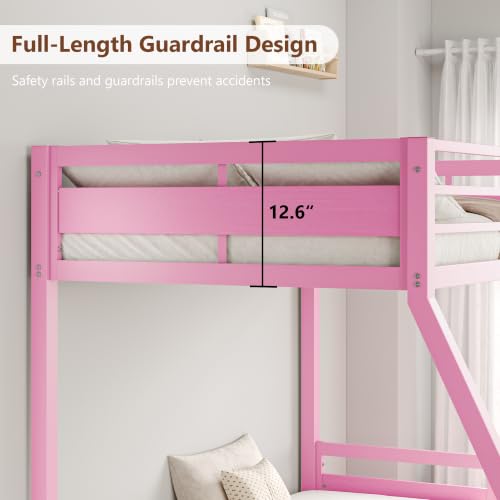Image of iPormis Metal Bunk Bed Twin Over Full, Heavy Duty Bunk with High Guardrail and Safety Entrance Design, Under-Bed Storage Space, Easy Assembly, Noise Free, Pink