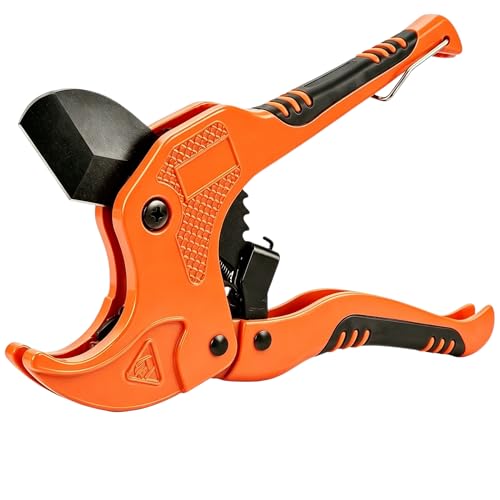 Image of 42mm PVC Pipe Cutter, Heavy Duty Ratchet Pipe Cutter with All-Aluminum Non-Slip Handle, Plastic Pipe Cutter for PEX PPR PE Rubber Hoses, Conduit Cutter for Plumbers & Electricians (Orange)