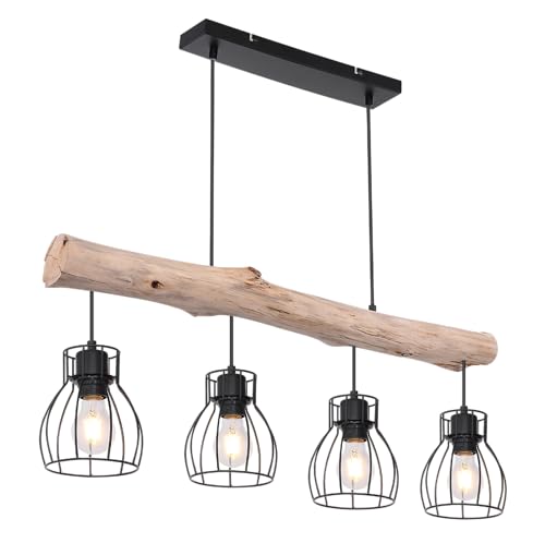 Lampe suspendue rurale Mina en bois véritable et métal noir mat raffiné