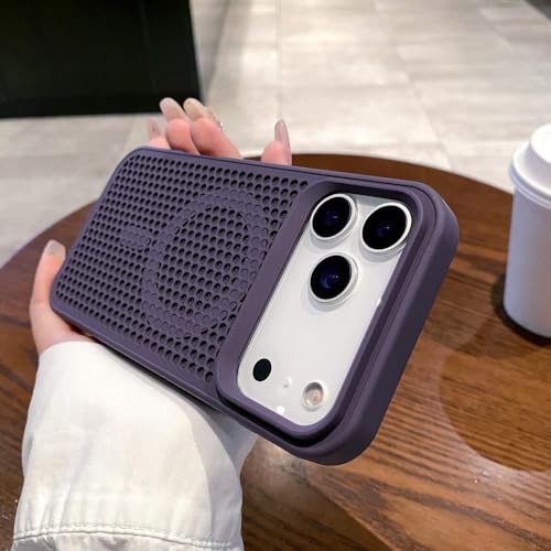 iPhone 17/16/15/14/13/12 Pro Max/17/Air/14/15/16 Plus用 放熱メッシュ マグネットケース 通気性 ハードPC ワイヤレス充電カバー ミッドナイトパープル iPhone 13 Pro用