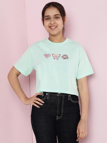 Image of Li'l Tomatoes Girls Crop T-Shirt | 100% Cotton | Graphic Printed Summer Top | Soft & Breathable Casual Wear | 7-16 Years