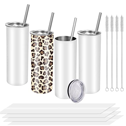 Sublimation Blanks Skinny Tumbler - White 20 OZ Straight Stainless Steel Tumbler with Metal Straw for Mug Tumbler Sublimation Tumblers for Heat Transfer, 2pcs/4pcs