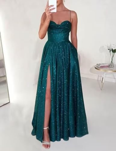 Spaghetti Straps Prom Dress with Slit Glitter Long Wedding Guest Dress A Line Cocktail Dress PM2714