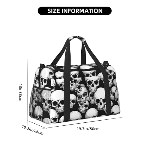Black and white skulls pattern Print Foldable Carry On Tote Large Capacity Hand Carry Bag for Airplane Weekend Getaways4