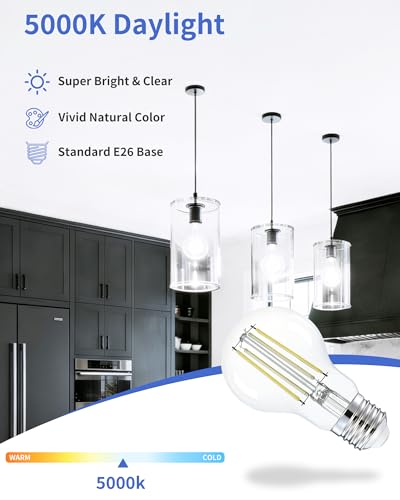 Image of Lafoy LED Edison Bulb 5000K Daylight, Dimmable 60 Watt Equivalent A19 Globe Light Bulbs, Vintage E26 Medium Base Antique Style, 700 Lumen 60W Replacement Bright White, 120V 6 Pack