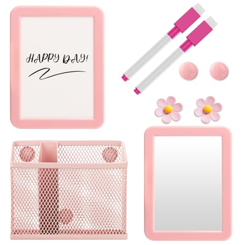 Weiblicher Spind-Organizer, magnetisches Zubehör-Set mit Whiteboard, Spiegel, Stifthalter, Marker, runder Magnet – Zubehör für den Schulanfang und Arbeitsspind-Organizer, Rosa