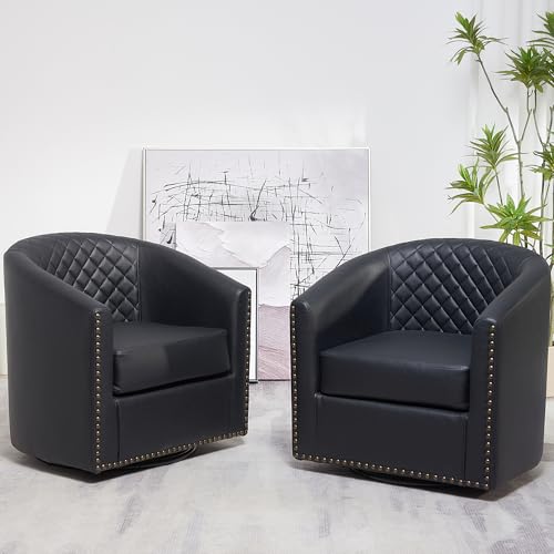 KINWELL 29" Wide Tufted Faux Leather Swivel Barrel Chair Set of 2, PU Leather Modern Upholstered Accent Chairs with Nailhead Trim, Small Armchair for Living Room Bedroom, Black -  KW118-BL-2P