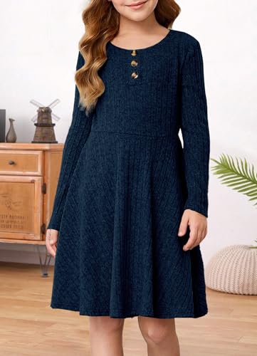 Yovion Girls Knit Sweater Dress Solid Long Sleeve School Casual Tunic Mini Dresses With Pockets For 6-12 Y Navy Blue thumb #3