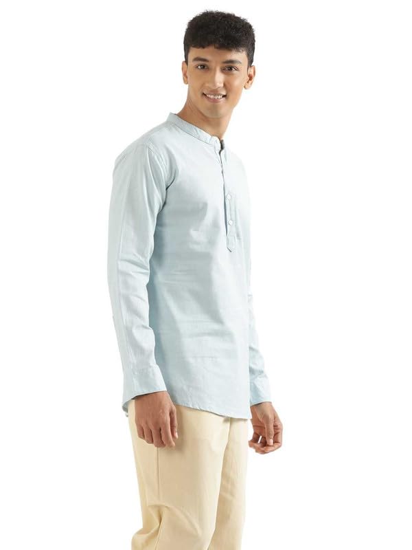 Image of SAADAA Men's Short Kurta - Linen Cotton Blend, Airy Fabric, Regular Fit, Mandarin Collar, Solid Color - Casual, Festive & Ethnic Wear