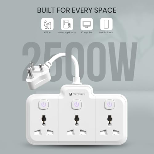 Image of Portronics 2500W Power Plate Nano 3-in-1 Power Extender with 3 Universal Sockets, Individual Switches, 180 Flexible Cord, Child Safety Shutters, for Home, Office, Laptops, Mobiles & Appliances