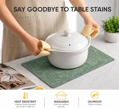 Image of Yelona Premium Faux Leather Placemat Set of 6 | Printed Floral Design, Waterproof & Heat Resistant Table Mat | Non-Slip, Washable for Dining, Kitchen & Home Decor (Green, 43 x 30 cm)