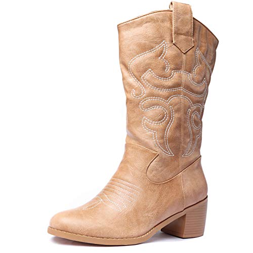 Odema Women's Velvet Cowboy Cowgirl Boots Chunky Heel Rodeo Boots Mid Shaft Country Boot