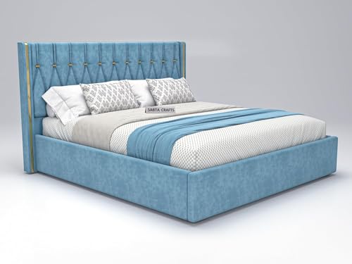 Image of Modern Upholstered King Size Bed with Box Storage for Bedroom | Wooden Double Bed with Storage | Platform Cot Bed with Upholstery Premium Fabric | Sheesham Solid Wood, (Blue), 6.5 x 6 Ft