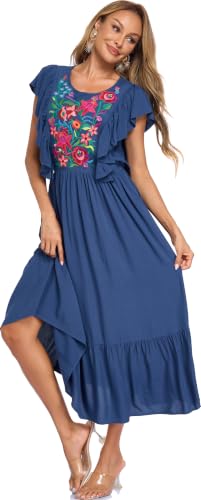 Image of Women's Summer Maxi Dress Casual Floral Embroidered Round Neck Short Sleeve Ruffle Tiered Dress Flowy Boho Beach Sundress