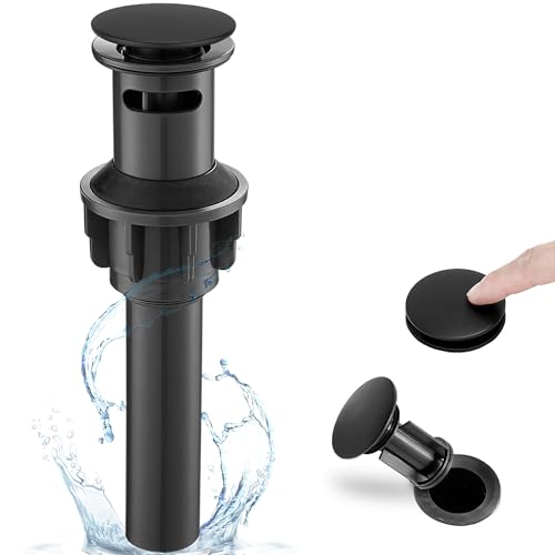 HOIGY Black Pop Up Drain with Overflow, Double-Sealed Bathroom Sink Drains, No Rust Pop Up Bathroom Sink Drain with Removable Anti-Clogging Stopper for Modern Vanity Basin Easy to Install