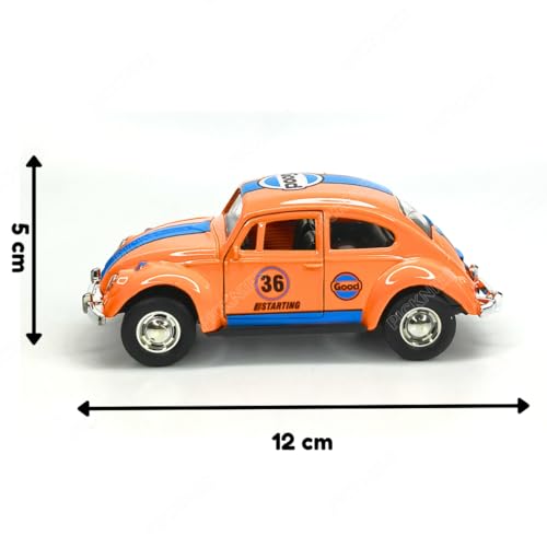 Image of Classic Vintage VW Beetle Diecast Metal Pullback Toy car with Openable Doors for Kids | 1:36 Scale Model | Pull Back | Gift for Boys Girls (Orange with Stripes)