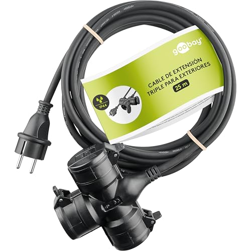 Cable alargador de corriente triple Goobay contra humedad para usar tres herramientas en exterior