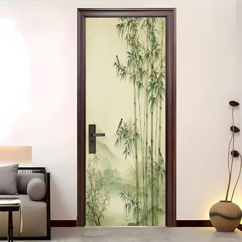 Stickers Porte Bambou Vert Sticker Porte Trompe L'oeil Oriental 3D Poster Mural Papier Peint Auto Adhésif Autocollants de Décoration 90x210 cm A-4927