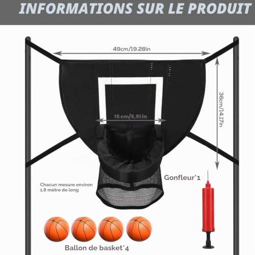 Panier de basket pour trampoline intérieur avec 4 ballons et pompe