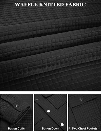 COOFANDY Men's Quilted Shirt Jacket Fashion Shacket Waffle Jackets Button Down Overshirts Casual Jacket Outerwear Black L