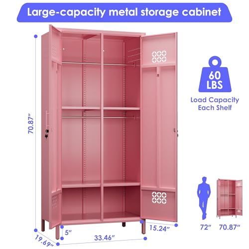 Image of METAN Extra Deep 2 Doors Metal Wardrobe Cabinet, Closet with Lock, Pink | 71 inchH*33.5 inchW*20 inchD Adjustable Shelves & Hanging Rod,Heavy Duty Steel Storage Armoire for Home,Assembly Required