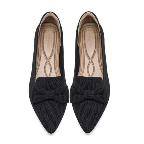 Flats for Women Mesh Ballet Flats with Bow Pointed Toe Dressy Comfortable Knit Breathable for Work Office