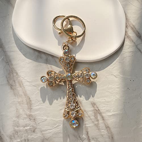Swjewel Rhinestone Cross Keychain For Women White Crystal Gold Plated Handbag Bling Personalized Keyring Purse Wallet Girls Car Key Ring Pendant Charms-Silver #TOP2