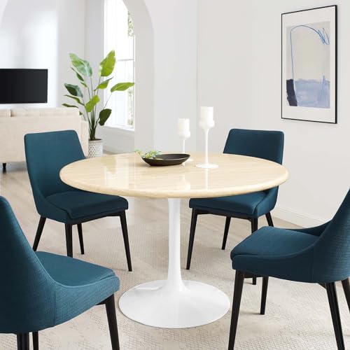 Image of Modway Lippa 48 inch Round Artificial Dining Table with Tapered, Metal Base, White Travertine