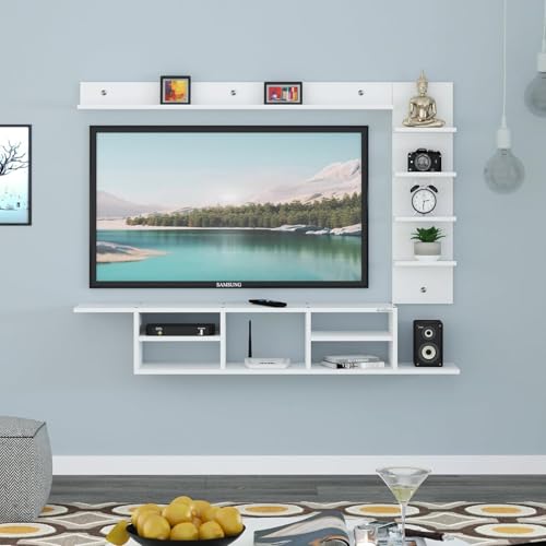 Image of Anikaa LED Light TV Unit Wall Mounted TV Unit TV Cabinet Wall TV Stand for Living Room, Set Top Box Stand - White (D.I.Y - Do-It-Yourself) Ideal for up to 43 inch inches, Engineered Wood
