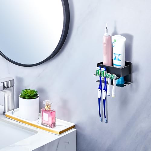 Image of Toothbrush Head Holders, Electric Tooth Brush Head Holder, Adhesive Toothpaste Holder for Shower Bathrooms, Wall Mounted Tooth Brushing Holder Organizer Storage (Black, Small)
