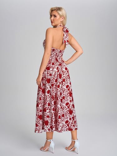 Image of Parthea Women's Gingham Halter V Neck Midi Dress Corset Smocked Sundress Flowy A Line Wedding Guest Dresses