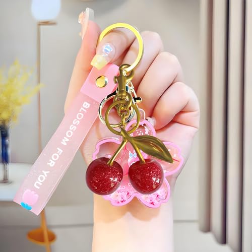 hxusin Cherry Keychain for Women - Cute Cherry Bag Charm, Purse Charms for Handbag, Durable Fruit Keychain Accessories (Gold_Pink) — view 6