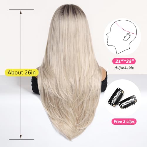 OUFEI Ombre Blonde Wigs with for Women Bangs Long Straight Layered Synthetic Hair Wigs with Dark Roots for Daily Party Use - Image 4