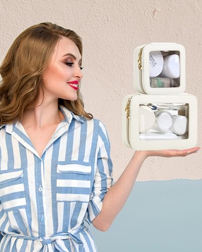 Leather Clear Makeup Bags Set - Travel Clear Cosmetic Bag Case with Zipper, Transparent TSA Approved Toiletry Bags for Travel Essentials Car Accessories for Women (White, S+M)2