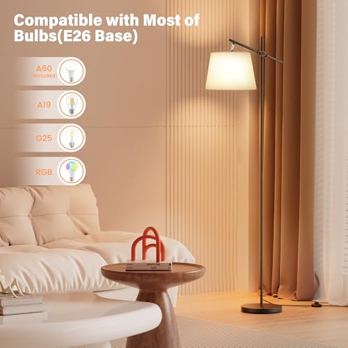 Image of SIBRILLE Floor Lamp with Linen Shade, Dimmable Tall Standing Lamp with Remote Control & 3 Color Temperatures Bulb, Modern Swing Arm Floor Lamps for Living Room Bedroom Office Corner