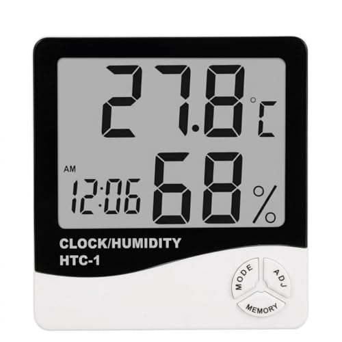 Htc-1 Dijital Termometre Higrometre, Saat ve Nem Ölçer, LCD Ekran, 10x10 cm, Siyah Beyaz