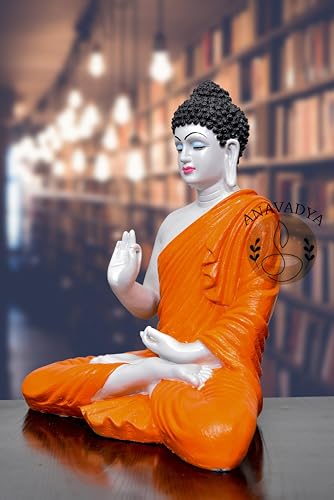 Image of Beautiful Sitting Buddha Idol Statue for Home & Garden Living Room | Healing Spirit Blessing Buddha Statue - 15 Inch Size (Saffron + White)