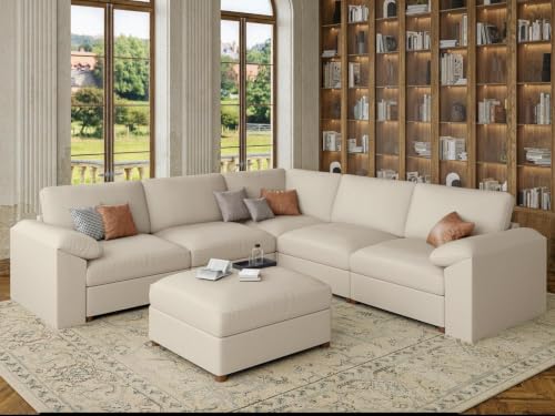 Image of EASE MOOSE Leather Sectional Couch, Oversized Modular Sofa, Beige | Pet-Friendly Faux Leather, Wide Deep Seat, Removable Covers, Solid Wood Frame, Easy Assembly, Scratch Resistant