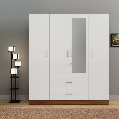 Image of VIKI Wardrobe | Wooden Almirah for Clothes,Door for Bedroom, 4 Door Wardrobe with Drawer, Mirror & Hanging Space (Walnut & White - 40D x 160W x 180H) | 1 Year Warranty | Free Assembly