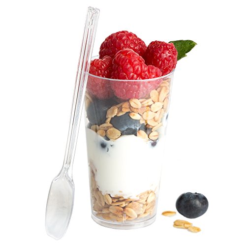 Ilyapa 3oz Plastic Dessert Cups - 50 Pack Mini Dessert Cups with Spoons - Clear Reusable Small Appetizer Cup for Cheesecake Shooters, Chocolate Mousse, Parfait - Party and Catering Supplies - Round