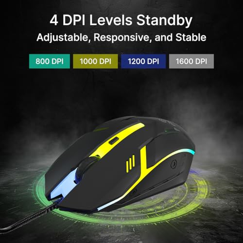 Image of pTron Flick M12 Wired USB Mouse with 4 Buttons, 1600 DPI Optical Sensor, Precision Tracking, RGB Lights, 4 Adjustable DPI, Plug & Play Use, Ergonomic Design, for Windows OS (Black)