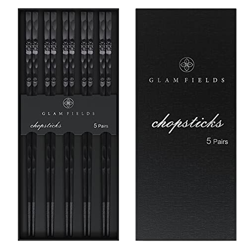 5 Pairs Fiberglass Chopsticks, GLAMFIELDS Reusable Chop sticks Dishwasher Safe, Non-slip, 9 1/2 inches - Gift Set Black