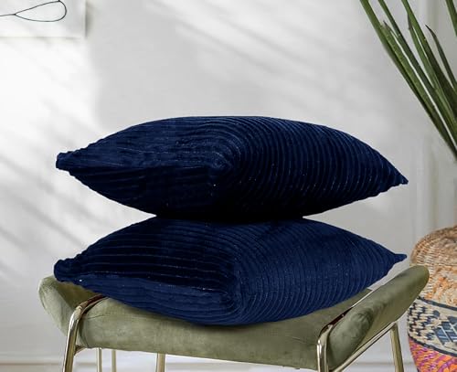 Image of RD TREND Cushion Cover Set of 2, Decorative Sofa Living Room Home Square Cushion Covers 16 Inch x 16 Inch, Aesthetic Corduroy Striped Double Sided (Navy Blue)