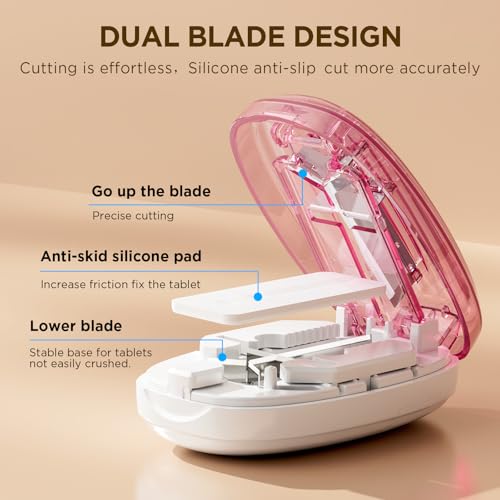 Image of Pill Cutter Splitter for Small and Tiny Pills, 1 /2 1 /4 Pill Splitter for Small Pills,Tablets in Half or Quarters, Accurate and Easy Cutting, Stainless Steel Blade, Back Storage (Pink)